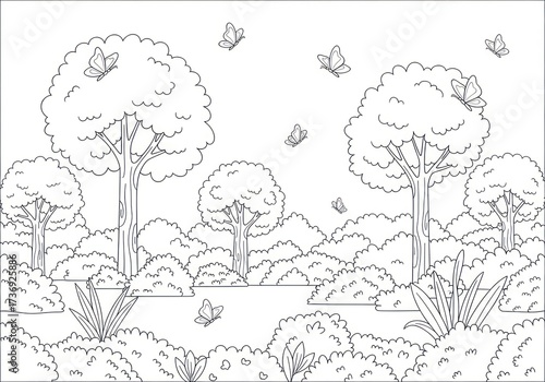 Forest Landscape with Trees and Butterflies Coloring Page.