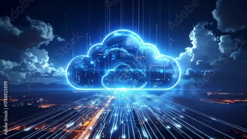 Futuristic Cloud Computing and Digital Network Over a Metropolis at Night
