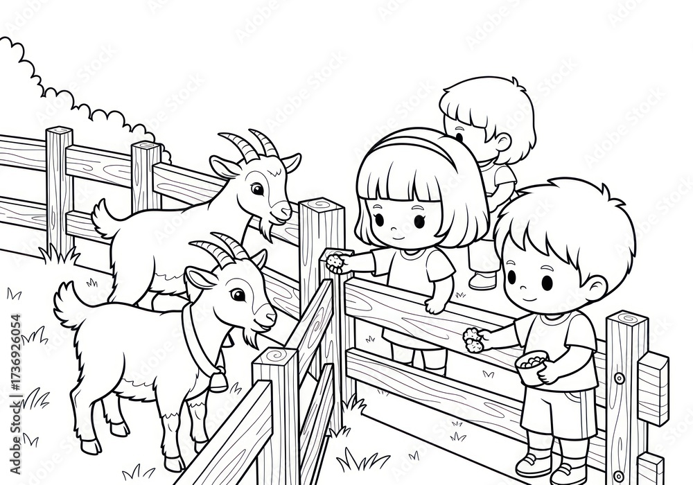 Obraz premium Children Feeding Goats at Farm Coloring Page Illustration.