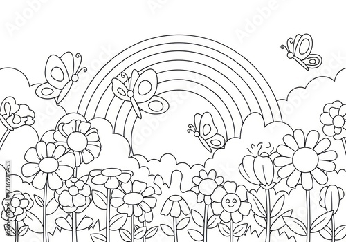 Whimsical Coloring Page - Rainbow, Butterflies, and Flowers.