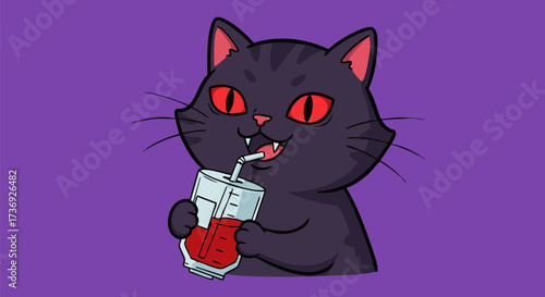 Cartoon cat with red eyes drinking juice from a box against a purple background