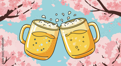 Two beer mugs toasting under cherry blossoms in a cheerful spring celebration 80 char