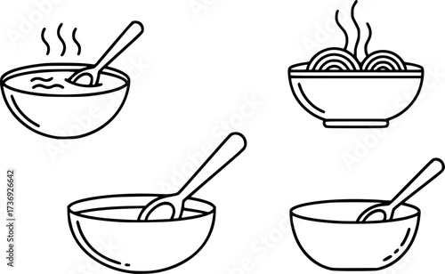 Minimalist outline icons of bowls with soup, noodles, and spoons