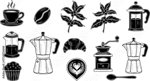 Hand drawn coffee elements and icons set for cafes and coffee lovers