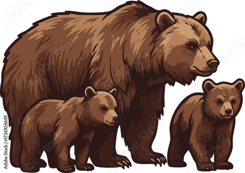 Brown bear family with mother and two cubs in a wildlife illustration style