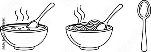 Minimalist outline icons of bowls with soup, noodles, and spoons