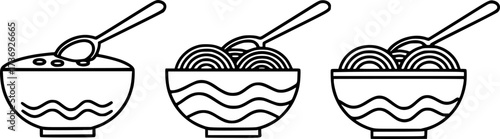 Minimalist outline icons of bowls with soup, noodles, and spoons