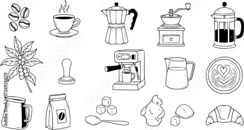 Hand drawn coffee elements and icons set for cafes and coffee lovers