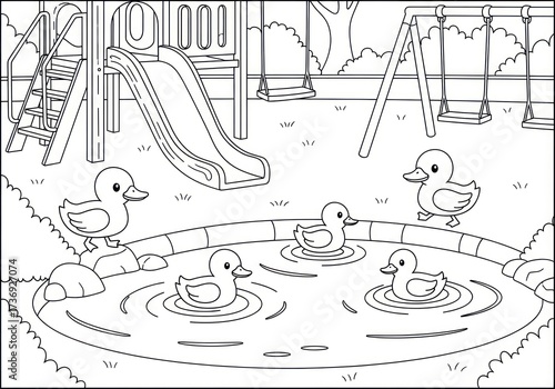 Playground Scene with Ducks in a Pond Coloring Page.