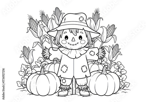 Cute Scarecrow in a Pumpkin Patch and Cornfield Coloring Page.