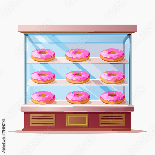Display Case with Pink Frosted Donuts and Colorful Sprinkles on Shelves in an Indoor Setting Ready for Customers to Purchase in a Well Lit Room