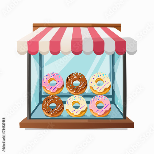 Donut Display with Pink and Brown Glazed Donuts Under Striped Awning