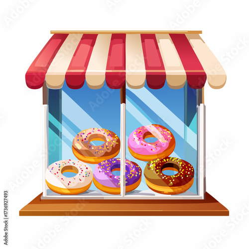 Donut Shop Window Display with Various Flavored Donuts and Striped Awning in Bright Cartoon Style