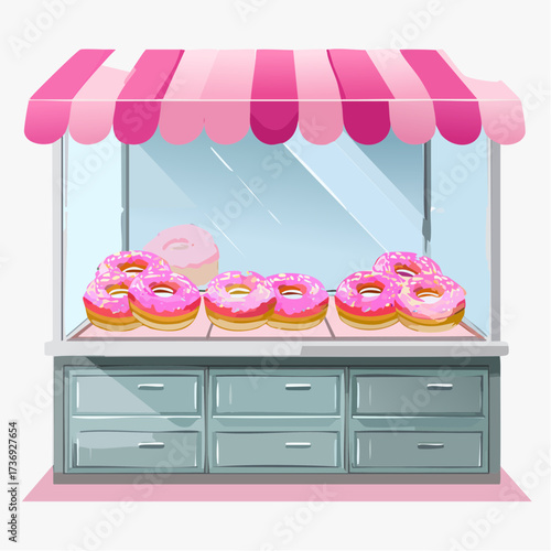 Pink Frosted Donut Display in a Glass Cabinet with Striped Awning for a Donut Shop Isolated on White Background