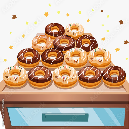 Stack of Glazed Doughnuts on Wooden Display with Sprinkles and Brown Icing against White Background with Star Accents