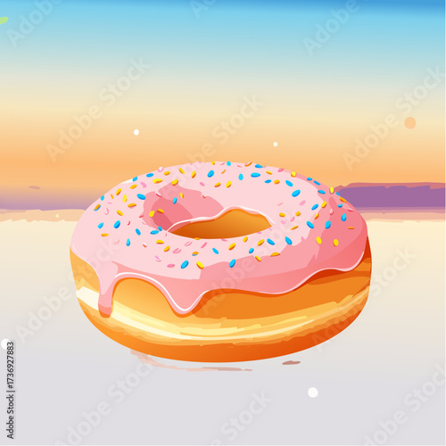Pixelated Donut with Pink Icing and Sprinkles on Light Purple Surface with Warm Gradient Sky Background