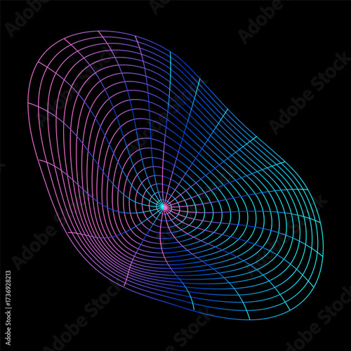 Vibrant Digital Grid Pattern Abstract Geometric Wireframe Shape with Gradient Colors on Black