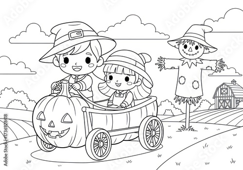 Childrens Halloween Pumpkin Cart Ride with Scarecrow and Farm Scene.