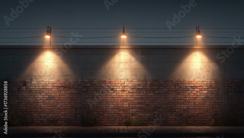 Dusk scene brick wall under three lit lamps projecting warm light with a dark sky