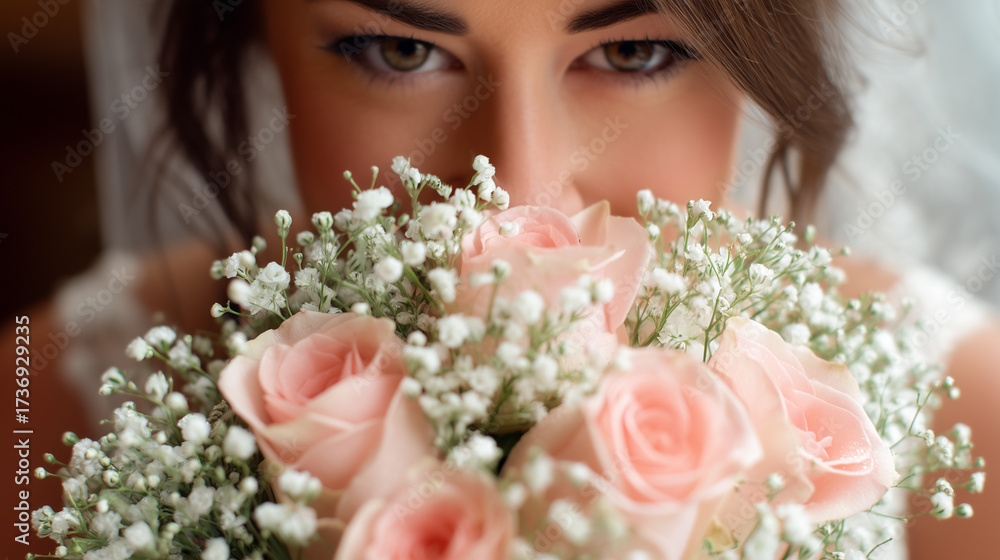 Naklejka premium Mysterious Bride with a Pink Rose Bouquet