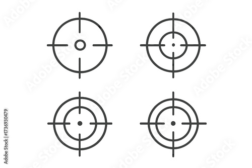 Crosshair aim target vector icon set. Sight for shooting, sniper scope or gun focus. Bullseye goal for accuracy and precision. Military hunter symbol collection pictogram.
