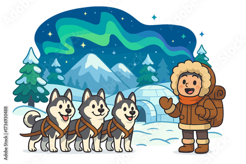 Arctic adventure with husky dog sledding team under northern lights. Cartoon vector illustration of an explorer in a winter landscape with an igloo, mountains, and snow.