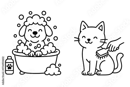 Pet grooming icon set. Cute cartoon dog bathing in tub with bubbles. Happy cat getting brushed. Vector outline illustration for pet care, hygiene, animal salon, washing service.
