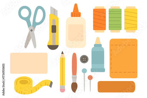Flat design vector collection of crafting and sewing supplies for DIY projects. Art and craft tools set. Handmade hobby essentials like scissors, glue, thread, and pins.