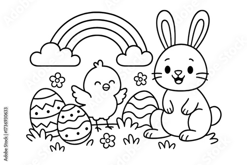 Easter coloring page for kids with cute bunny and chick. Spring holiday scene with Easter eggs and rainbow. Black and white line art for children's activity. Kawaii cartoon vector.