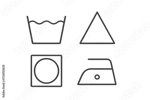 Textile care instruction symbols. Set of 4 laundry icons in a flat linear design. Washing, bleaching, drying, ironing. Vector for clothing labels and fabric care guide.