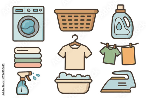 Laundry icon set with essential cleaning symbols. Vector collection of washing machine, iron, detergent, basket, and clothesline for household chores. Flat outline cartoon design.