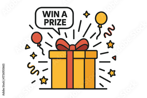 Giveaway post template for social media. Win a prize contest banner. Vector illustration of a gift box for marketing and promotion. Raffle announcement and winner reward.