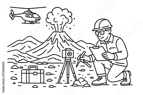 Geologist studying volcanic eruption. Scientist with equipment researching volcano. Volcanology science concept. Man on expedition with helicopter. Fieldwork research analysis.