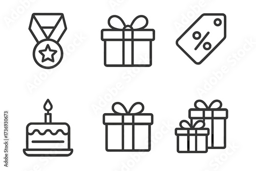 Gift and reward line icon set. Bonus, prize, award medal, discount tag and birthday cake collection. Present and surprise vector icons for loyalty program and celebration.