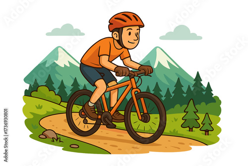 Boy cycling on mountain bike trail in nature. Cartoon vector of kid riding bicycle in forest landscape with mountains. Outdoor adventure, sport activity, healthy lifestyle.