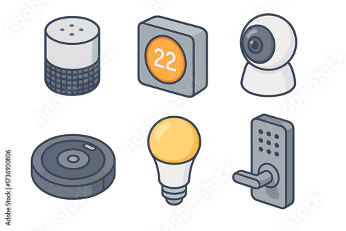 Isometric smart home devices vector collection. Internet of Things (IoT) automation system icons. Set includes smart speaker, thermostat, security camera, robot vacuum, and electronic lock.