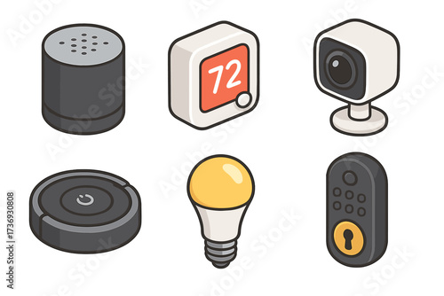 Isometric smart home devices vector icon set. Home automation technology collection with speaker, thermostat, camera, robot vacuum, light bulb, and lock. Internet of things.