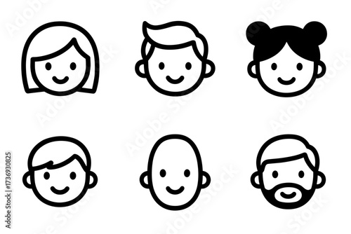 Simple cartoon faces of diverse people with various hairstyles  