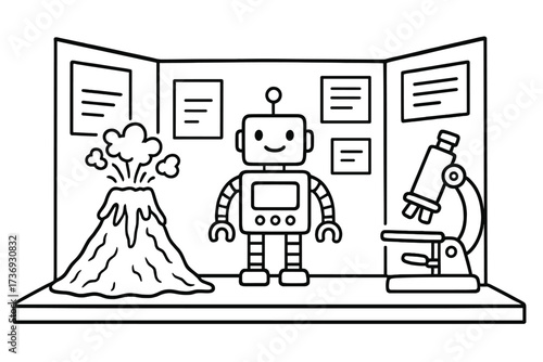 Kids science fair project display with volcano, robot, microscope. School experiment. STEM education concept. Black and white outline vector cartoon illustration for learning.
