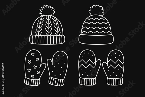 Line art design of winter hats and mittens on black background  