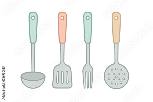 Minimalist kitchen utensils set. Modern flat vector cartoon illustration. Ladle, spatula, fork, skimmer with pastel handles. Cooking, culinary tool collection. Isolated on white.