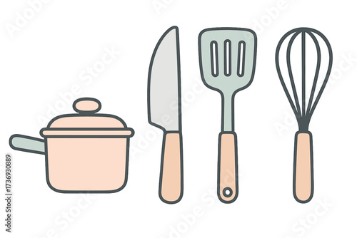 Minimalist kitchen tools set in soft pastel tones. Vector cartoon illustration of pot, knife, spatula, whisk for culinary design. Cookware icons isolated on white background.