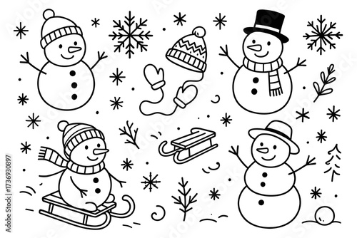 Snowmen playing and enjoying winter activities in snowy landscape  