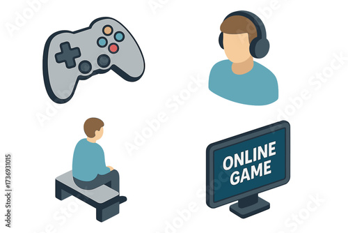 Online gaming addiction icon set. Isometric vector. Concept of video game immersion and alienation. Lonely player avatar, game controller. Gamer lifestyle and social issue.