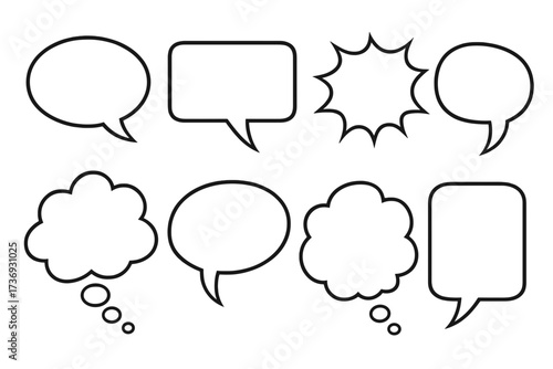 Outline vector icons of speech bubbles, thought clouds, and dialogue boxes  