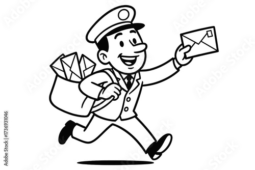Running mailman delivering a letter. Cartoon postman character in vintage uniform with a mailbag. Black and white vector outline illustration for postal service, communication.