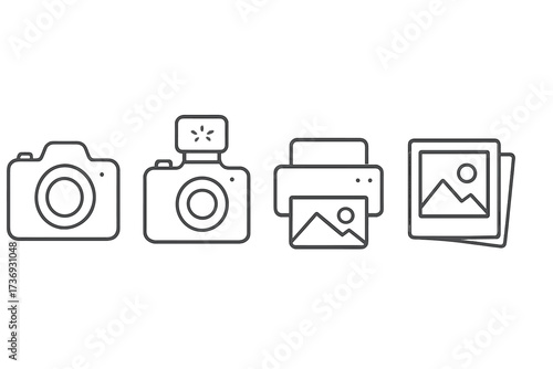 Photography icons set. Photo camera with flash, printer, picture gallery. Simple outline vector symbols for web and mobile apps. Editable stroke line art collection.