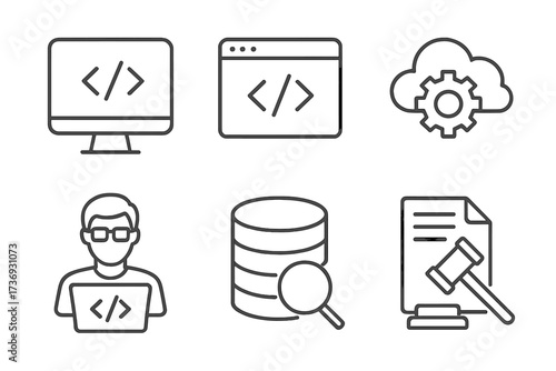 Programming and coding line icon set. Software development. Legal tech. Cloud computing. Programmer. Data search. Website code. App development. IT services. Vector symbols.