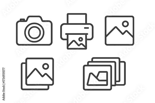 Photography line icon set. Camera, printer, print, photo collection, picture gallery. Digital image, photograph, portfolio concepts. Simple outline vector symbols for app.
