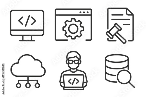 Programming and coding icons. Thin line icon set. Software development, legal tech, cloud computing, programmer avatar, data search and database. Web development vector.